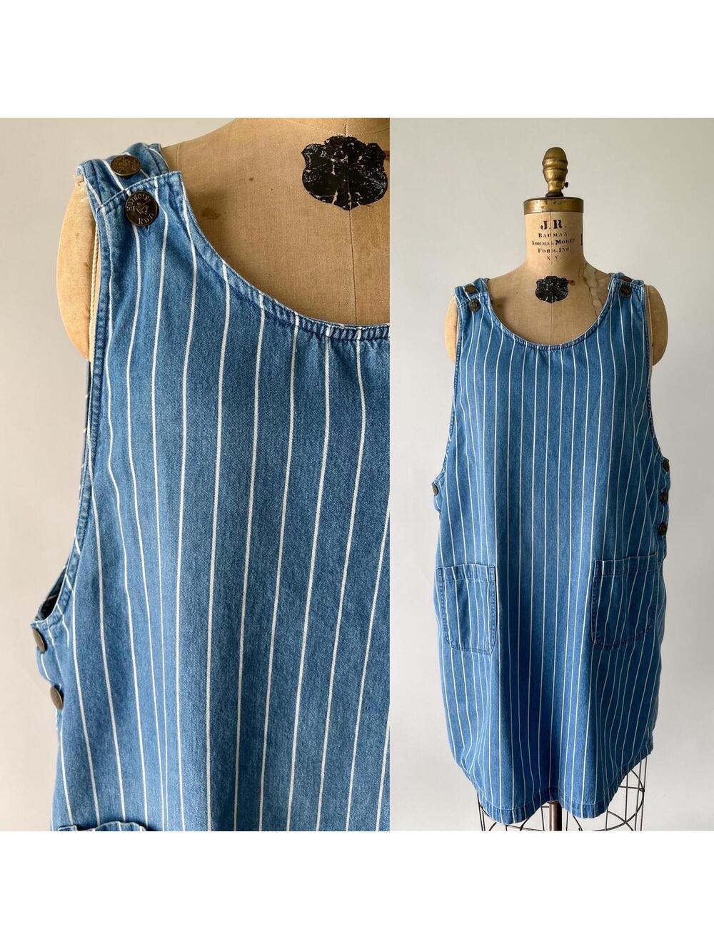 Vintage 1990s Cotton Denim Railroad Stripe Midi Pinafore Jean Jumper Pockets XL